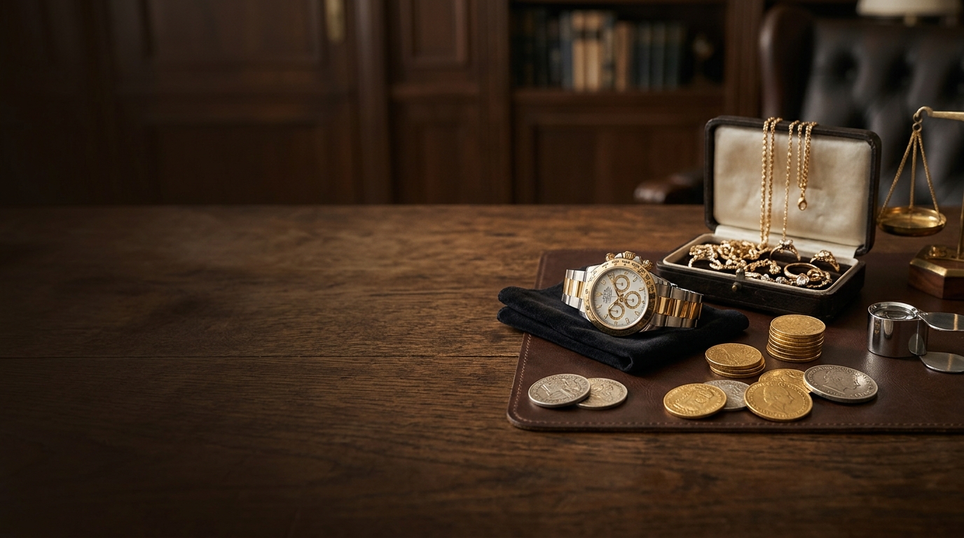 Goldmünzen und Luxusuhr auf dem Tisch