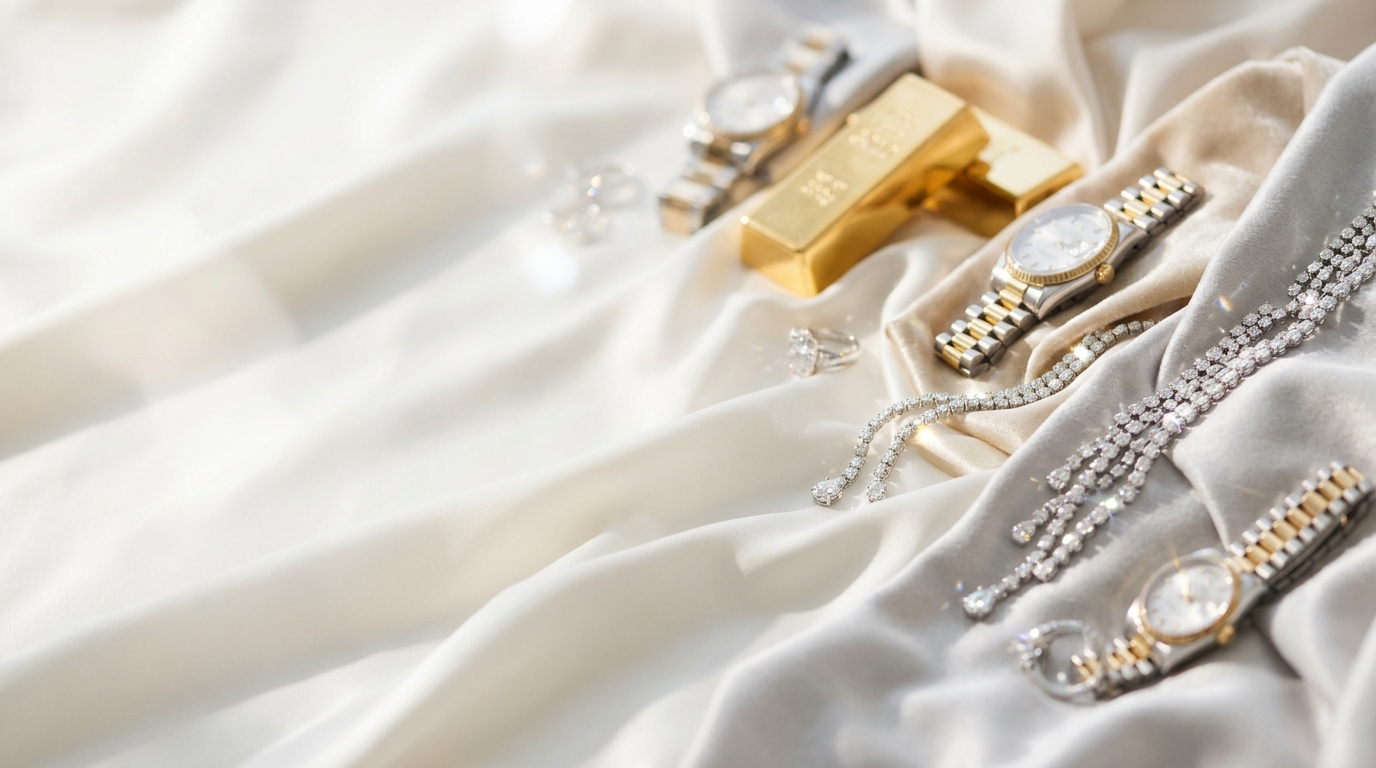 Goldbarren, Uhren und Schmuck auf hellem Stoff